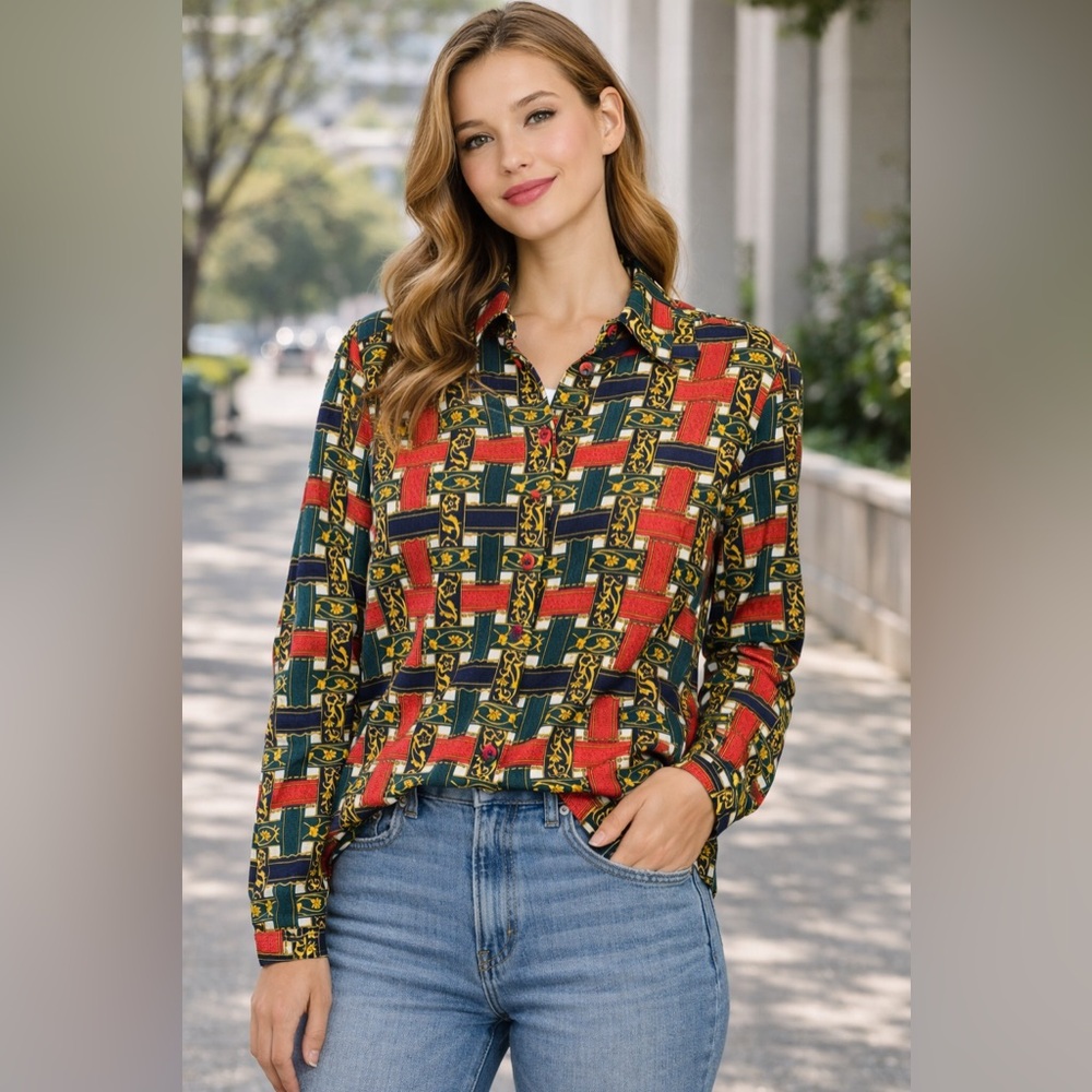 Vintage Talbots 100% Silk Blouse Women’s Baroque Chain Print Button Long Sleeve